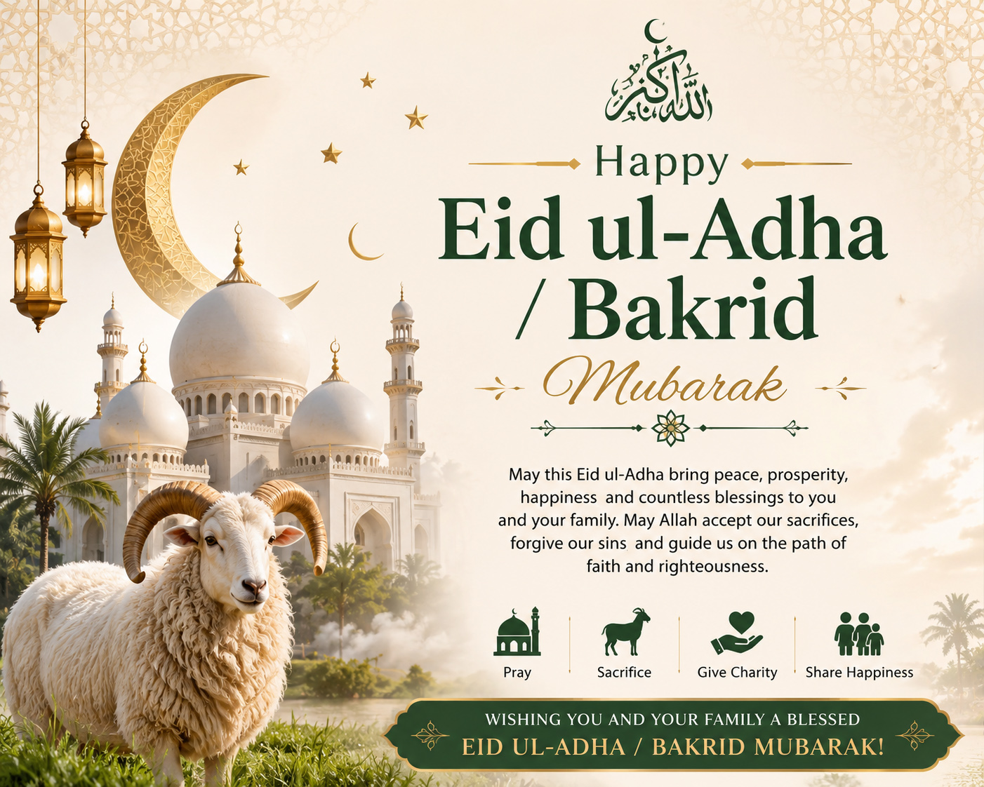 Eid ul-Adha / Bakrid is the most important Islamic festivals celebrated by Muslims worldwide. It honors the spirit of sacrifice, devotion and compassion.